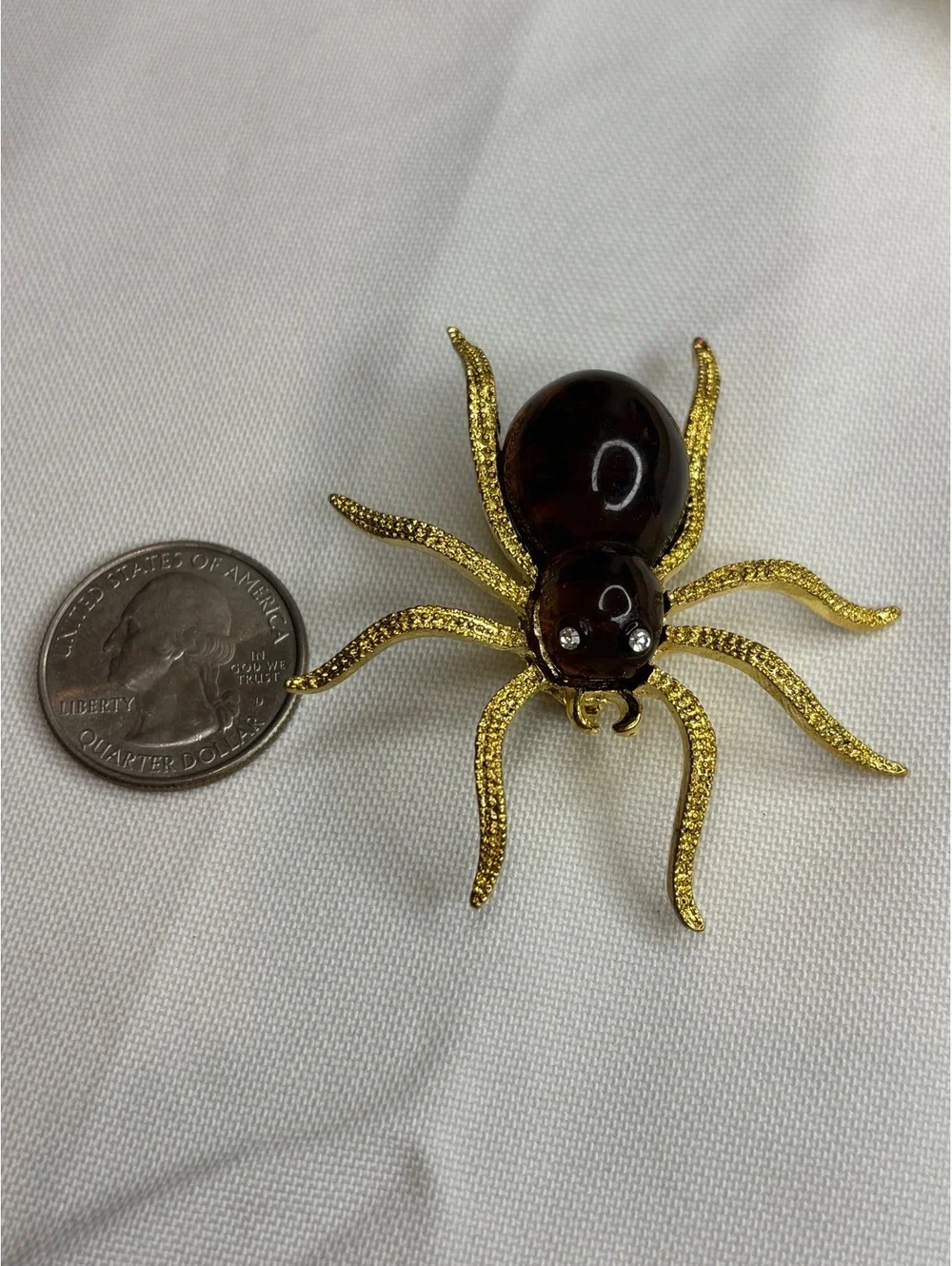 Vintage Lucite Spider Brooch with Gold Tone Legs and Rhinestone Eyes
